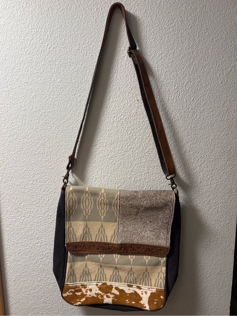 ANN GOTI Textured Neutral Patchwork Crossbody Bag